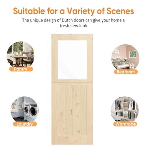 Interior Dutch Door, 30" x 80", Half Clear Glass Split Single Pantry Door Slab, Modern Style Farmhouse Closet Doors, Natural Pine Wood(Hinges Not Include)