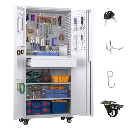 Garage Storage Cabinet with Locking Doors and 2 Adjustable Shelves, 71" H Metal Rolling Tool Storage Cabinet with Wheels, Drawer, Pegboard and 16 Hooks for Garage, Warehouse, White and Gray