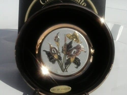 CHOKIN PLATE 10CM - 22K - GUILDING - BUTTERFLY & FLOWER - BLACK BODY - BNIB WITH PLATE STAND
