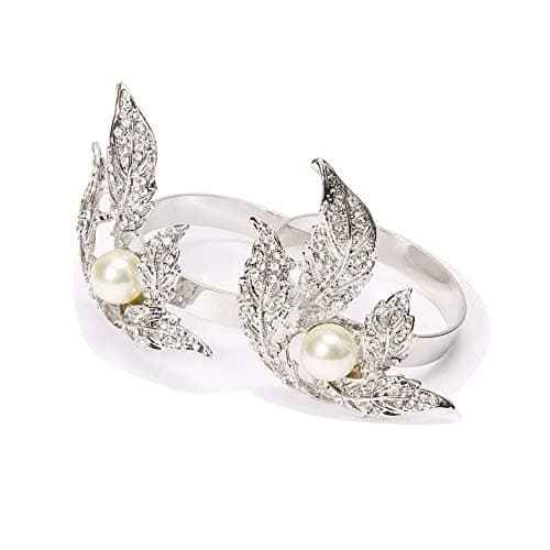 QUEENSHOW Authentic Golden Napkin Rings Set Kitchen Table Decor in Solid Stainless Metal for Wedding and Party, Leaves and Pearl 4 Pics