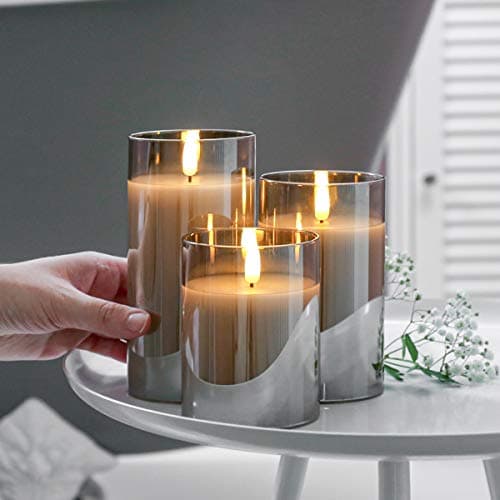 Festive Lights - Authentic Flame 10cm, 12.5cm & 15cm Real Wax Smoked Grey Glass Battery Operated Candles - Warm White Flickering LEDs - Safe Indoor Christmas & Home Decorations (Without Remote)