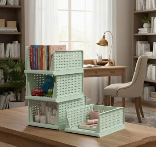 MECHDEL | Wardrobe Organizer For Clothes | Cupboard Organizer | Foldable Shirt Stacker Box | Cloth Box for Almirah | Closet Storage Basket |Plastic Stackable Closet Organizer (Pista Green, 4PCS)