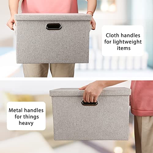 Graciadeco Large Quart Collapsible Stackable Storage Bins with Lids, 3 Packs Beige Linen Fabric Closet Boxes with Lids, Storage Cube Baskets Container Organizers for Bedroom Office(16.6 x 11.7 x 10.8)