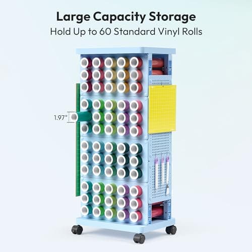 Craft Storage Cart with 60 Vinyl Roll Storage Organizer, Rolling Heat Press Table Stand with Wheels, Mobile Vinyl Roll Holder Rack for Blueprints Gift Wrap Craft Organizers