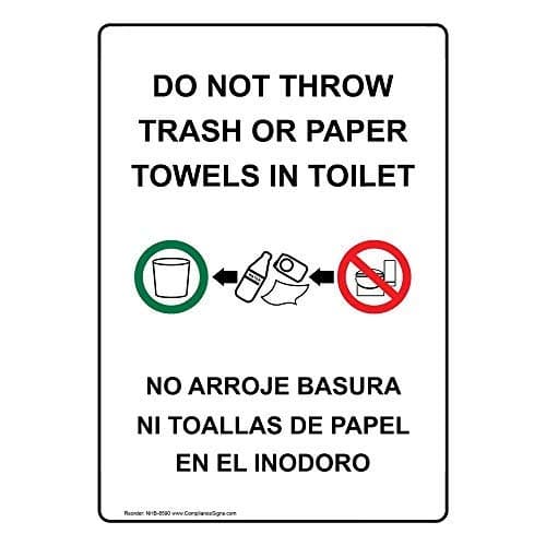 ComplianceSigns.com Do Not Throw Trash Or Paper Towels In Toilet Bilingual Label Decal, 7x5 inch Vinyl for Restrooms White