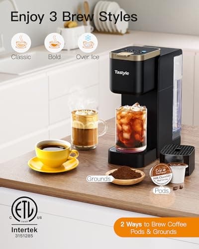 Single Serve Hot & Iced Coffee Maker with Strong Brew, 40oz Removable Reservoir, 6 Brew Sizes, Compatible with K Cup and Grounds, Compact for Home, Office, RV, Black & Gold (2.0 Version)