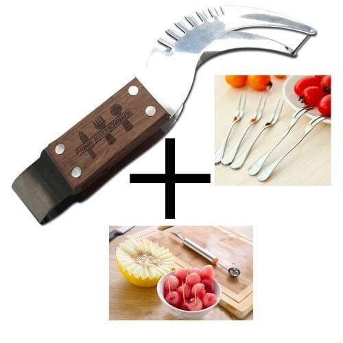 Premium 3-IN-1 Watermelon Slicer with Corer Server Watermelon Forks Quality Stainless Steel Melon Knife Cutter with Wooden Handle for Easier Grip, Smart Kitchen Gadget, Dishwasher Safe Kitchen Tools