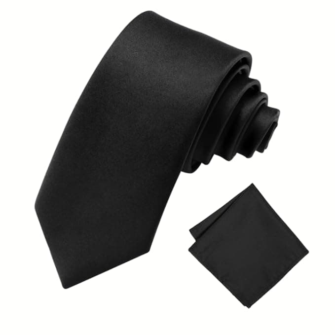 Men's Solid Micofiber Self Silk Formal/Casual Thin Tie Necktie with Pocket Square Set for Men