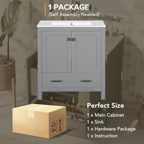 LUMISOL 30" Gray Bathroom Vanity with Sink, Solid Wood Bathroom Vanity with a Drawer and 2 Doors, Multifunctional Storage Racks, Freestanding Bathroom Storage Cabinet with Ceramic Sink, Grey