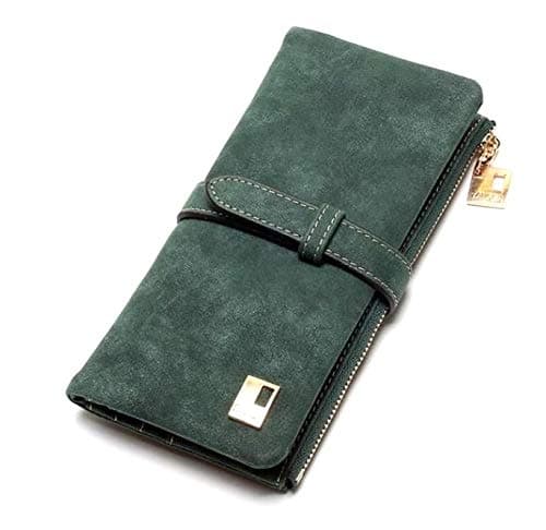 Women Drawstring Design Nubuck Leather Long Two Fold Clutch Wallet
