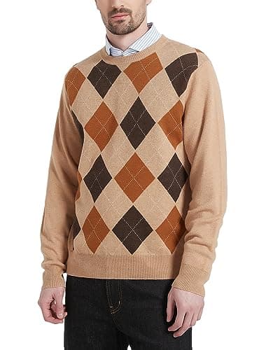 Kallspin Men's Wool Blend Crewneck Sweater Argyle Long Sleeve Pullover Sweater for Casual Or Dressy Wear