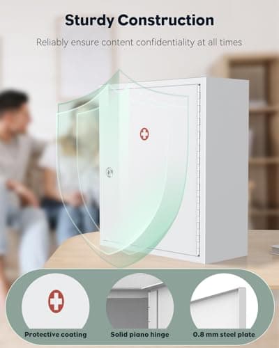 Uniclife Wall Mount Medicine Cabinet with Key Lock Locking First Aid Cabinet Lockable Medical Cabinet Large Capacity Medicine Organizer Secure Steel Wall Cabinet Metal Storage Box, White