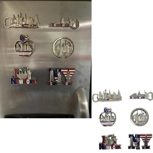 6 Pack Silver Bundle Fridge Magnets New York Souvenir Empire State Building, Skylines, Statue of Liberty, Brooklyn Bridge, The Big Apple, USA Flag, Bottle Opener