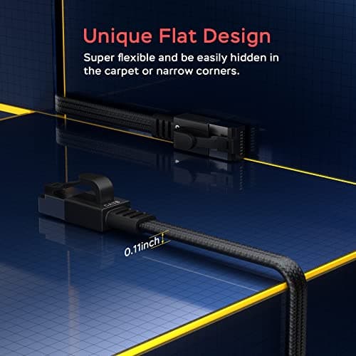 Smolink Cat 8 Flat Ethernet Cable 50 ft, Nylon Braided High Speed Network Cable LAN Cable Patch Cord, 40Gbps 2000Mhz SFTP RJ45 Internet Cable, Indoor&Outdoor for Modem Router Gaming - Black