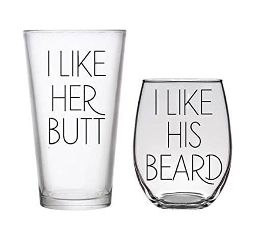 I Like Her Butt, I Like His Beard Mugs Wine Beer Whiskey Glass Wedding Gift Engagement Housewarming Bride Groom Bridal Shower Present