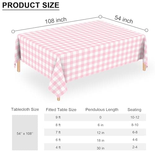 QISOLIY 6 Pack Pink and White Checkered Tablecloth, Pink Plastic Table Cloths for Parties Disposable, Rectangular Pink Gingham Camping Tablecloth for Birthday, Party, Picnic 54 x 108 inch
