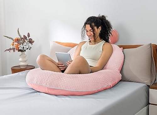 Reading Pillow, Back Pillow for Sitting in Bed for Reading, Nurse & Relax, Reading Pillow for Adults, Moms & Kids, Sit Up Pillow for Bed, Upgrade (Dot Velvet-Pink)