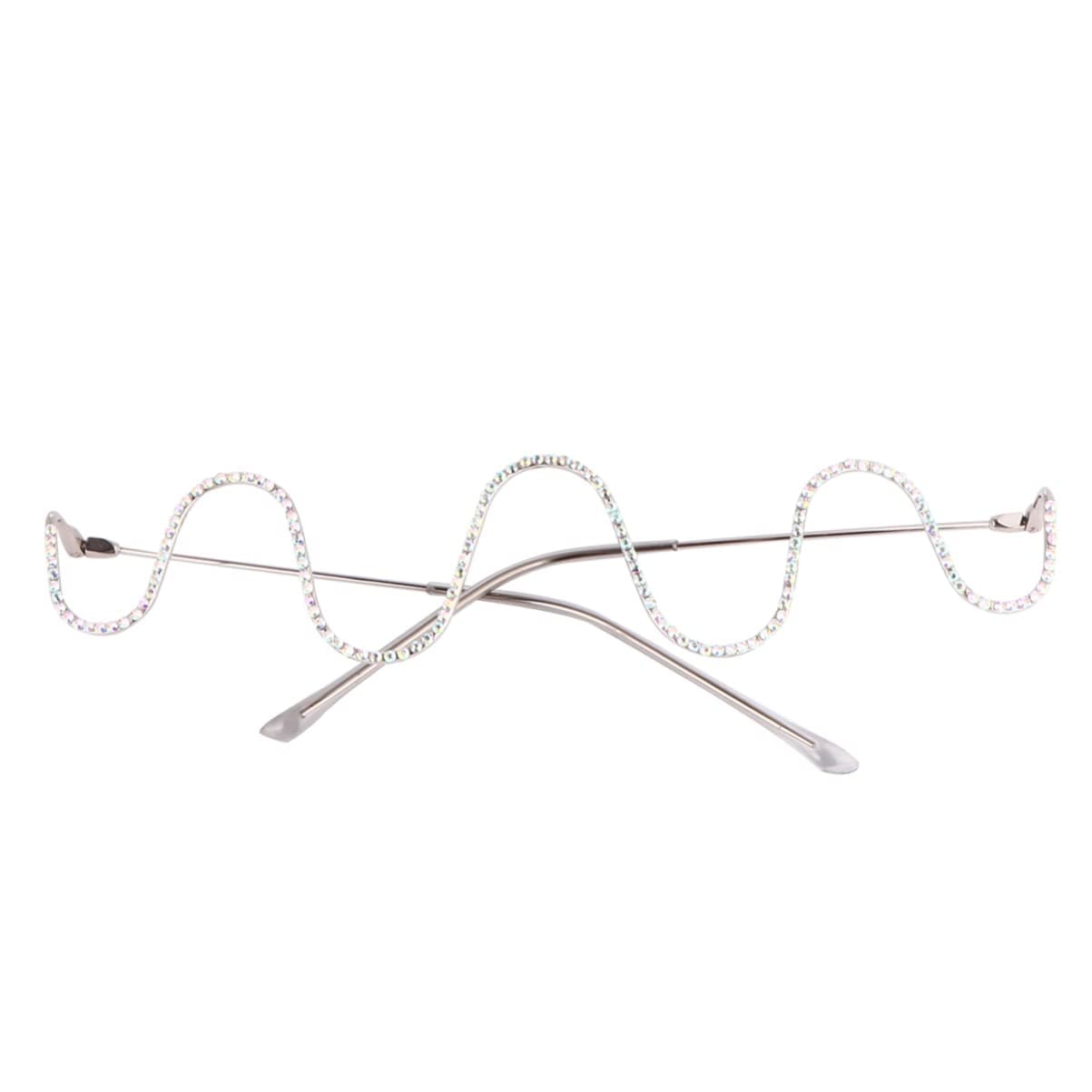 TENDYCOCO Diamond No Lens Glasses Frame Half Frame Rhinestone Squiggly Metal Eyewear for Women Fashion Accessories 6.22X5.51 Inches