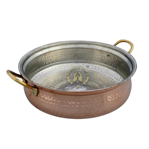 PROUDLY INDIA Pure Copper Handi with Brass Handle - Ideal Big Copper Kadhai, Patili, Biryani Pot