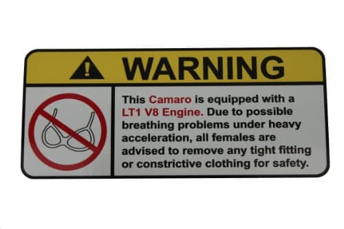 Camaro LT1 V8 No Bra, Warning decal, sticker