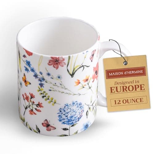 Maison d' Hermine Coffee Mug with Handles Fine Bone China Pack of One Coffee Mug for Hot Beverages Cappuccino Latte Home Restaurant Perfect for Men & Women (Just Floral - Poppies Always, 12 Ounce)