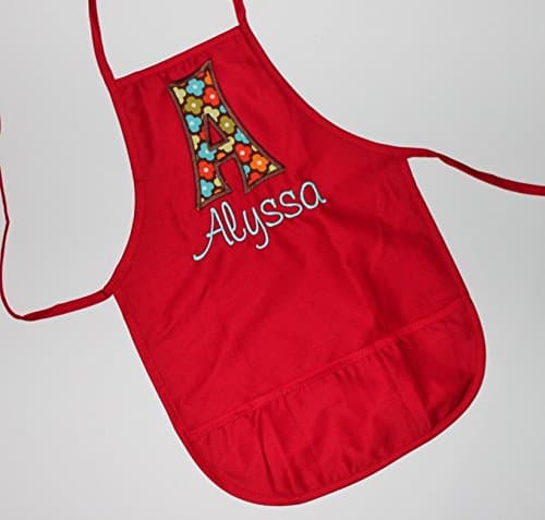 Personalized Child Size Red Apron with Name and Appliqued Initial, Kids Apron