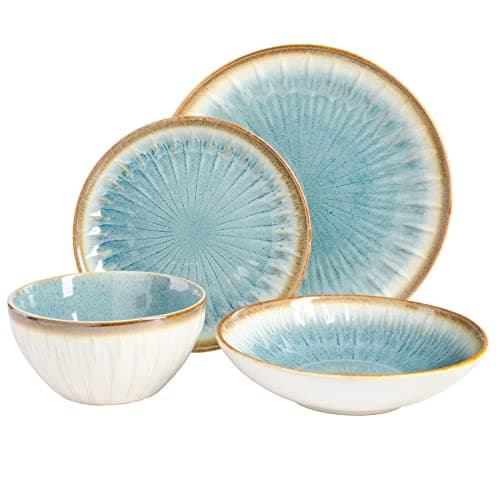Gibson Elite Mayfair Bay Embossed Double Bowl Dinnerware Set, Service for 4 (16pcs), Blue
