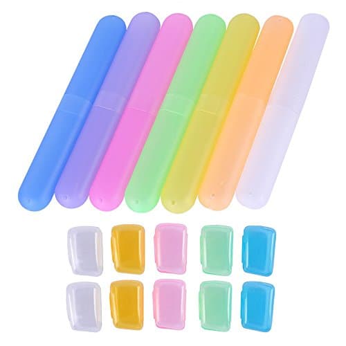 CUGBO 7 Pack Plastic Toothbrush Case Holder Mixed Colors Portable Dust-Proof Toothbrush Storage with 10 Pack Colored Toothbrush Head Case Caps