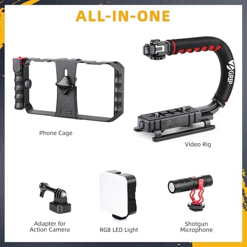 Zeadio Smartphone Camera Stabilizer, Portable Handle Grip Handheld Video Rig with RGB Video Light and Microphone, Fits for All Camcorder, Camera, DSLR and All iPhone and Android Smartphones