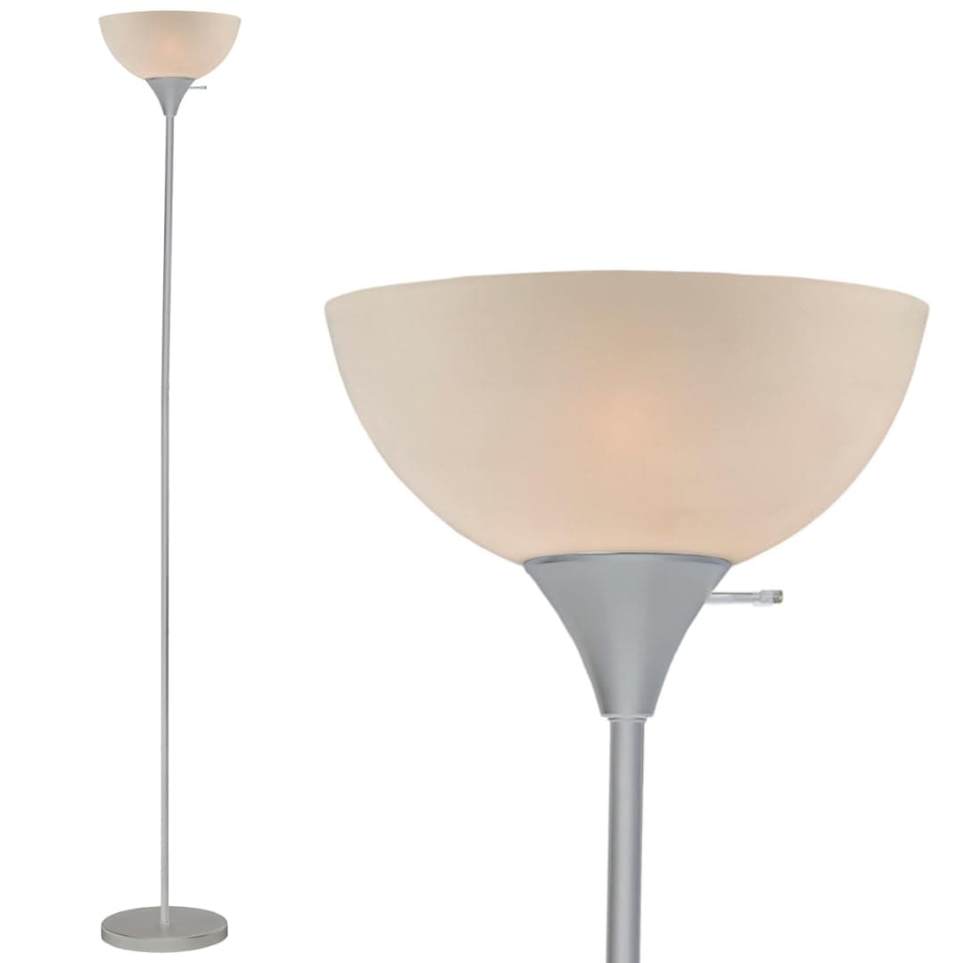 72” Silver Torchiere – Modern Standing Fixture with White Opal Shade – Susan Design for Bedroom, Office, Corner, or Reading – 150W E26 Base Compatible