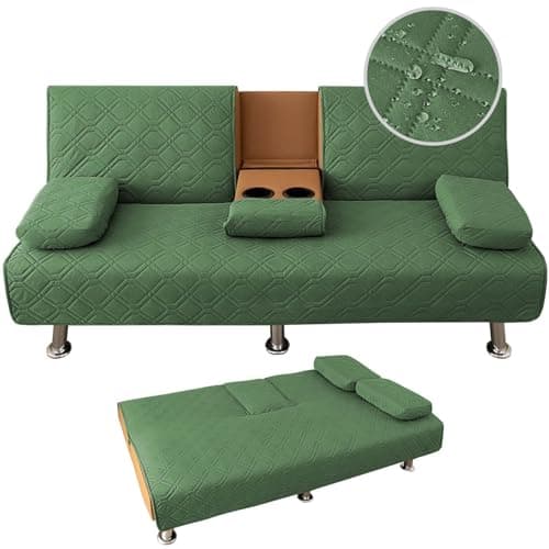 4 Pieces Click Clack Sofa Bed Cover 3 Seater, Quilted Convertible Folding Cover with 2 Removable Armrests and 1 Holders Covers (Green)