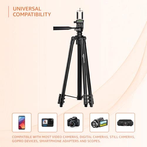 Amazon Basics Lightweight Aluminium Tripod Phone Holder | 3-Way Pan | Height Adjustable (36-111 cm) | For Phones, Cameras, Ring Lights, Reflectors, Umbrellas & Flashlights | Includes Carry Bag | Black