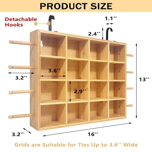 Montex Tie Box Wall Mounted for 16 Ties, Tie Organizer Bamboo for Wall, Tie Rack Tie Display for Shops and Home (Light Bamboo Color)