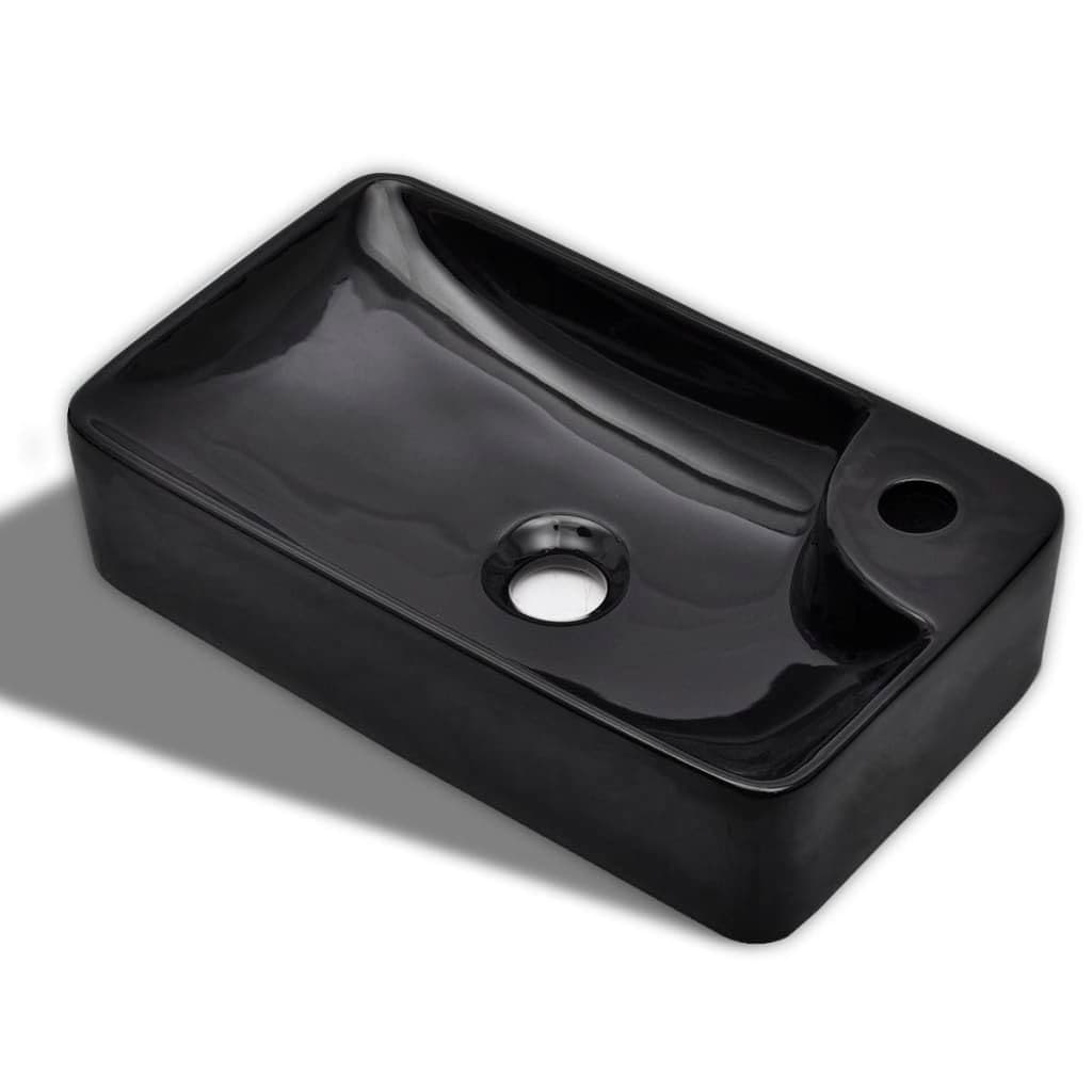 vidaXL High Gloss Ceramic Bathroom Sink Basin, Black, Wall-Mounted, with Faucet Hole, Easy-to-Clean, Modern and Elegant Design for Bathroom & Washroom Decor
