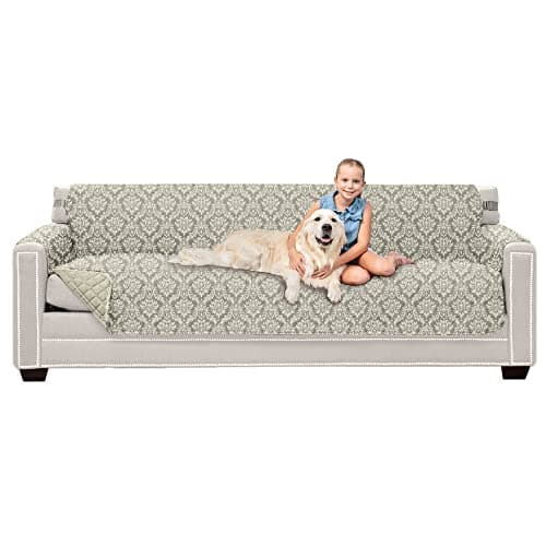 Sofa Shield Couch Slip Cover with Patented Strap, Cushion Protector, US Designed Reversible Stain and Dog Tear Resistant Slipcover, 88 inch Seat, Washable Covers for Dogs Pets, Damask Latte Ivory
