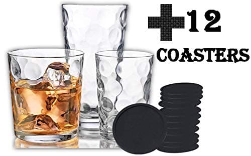 Galaxy Glassware 12-Pc. Set + 12 Black Silicone Coasters Perfect For a Gift or Everyday Use