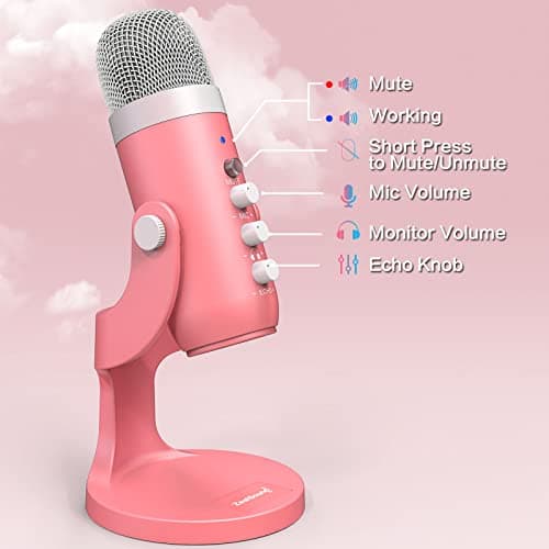 zealsound Gaming USB Microphone,Pink Microphone with Quick Mute for Phone Computer PC PS5,Studio Mic with Gain Control,Echo&Monitor Volume Adjust for Streaming Vocal Recording ASMR Podcast Video K66