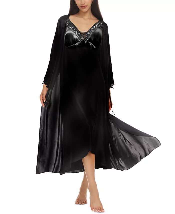 Plus Size Black Satin Robe & Nightgown 2pc Set with Black Lace Trim
