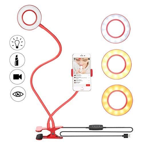 Bestter Clamp-on Selfie Ring Light with Cell Phone Holder for Live Stream,Video Chat: Dimmable (3-Light Mode,8-Level Brightness) with Flexible Arm Gooseneck Mount for iPhone 8/7/6S,Samsung,HTC (White)