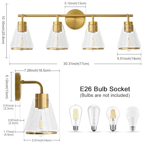 Gold Vanity Light 4 Light Bathroom Vanity Light Fixtures Over Mirror with Clear Glass Shade, 30 Inch Lights for Bathroom Modern Wall Sconce Lighting (Exclude E26 Bulb)