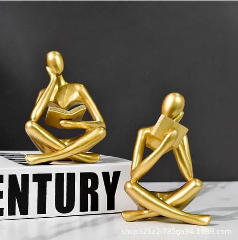 2 Pieces Home Decor Gold Reading Thinker Statue Modern Figurines Abstract Aesthetic Sculpture Thinker Resin Statue Set for Home Decoration Living Room Office Bookshelf Shelf Table