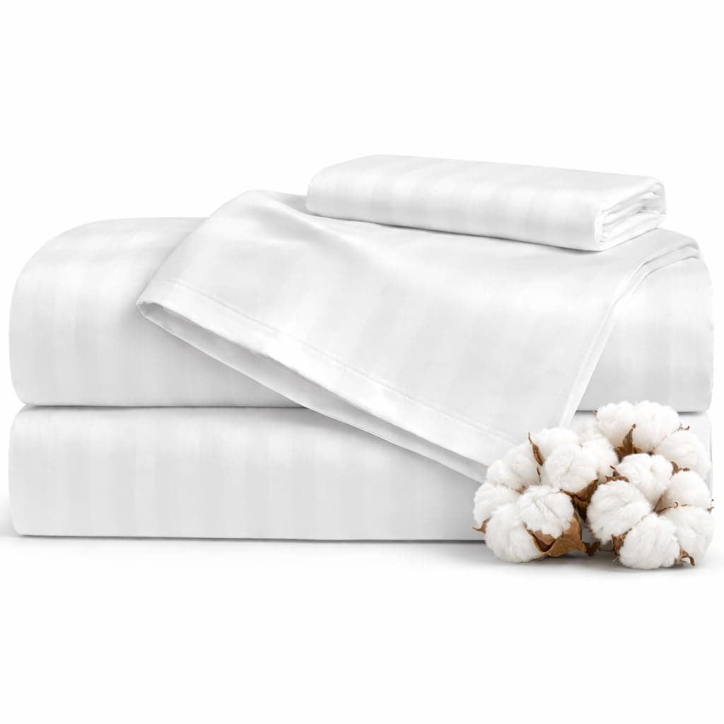 100% Egyptian Cotton Sheets King Size High Thread Count Luxury Hotel Sateen Weave Sheet Set, Soft Breathable, Deep Pocket 17", 4-Piece White Striped, Satisfaction Guarantee