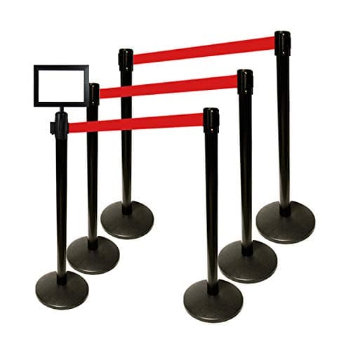 Crowd Control Center 40" HT Retractable Belt Queue Safety Stanchions Barrier Combo Set (6 Posts Red Belt+SFrame+WBracket)