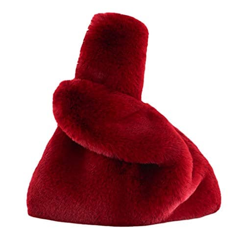 Marchome Faux Rabbit Fur Pull Through Strap Wrist Handbag Purse for Women Red