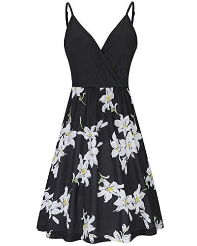 STYLEWORD Womens' Summer 2025 V Neck Floral/Solid Spaghetti Strap Casual Vacation Outfits Spring Sundress with Pocket