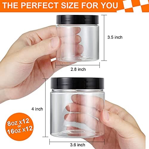 Vivimee 24 Pack Plastic Jars with Lids 16 oz (12 Pack) & 8 oz (12 Pack), Clear Plastic Mason Jars, Leakproof Slime Containers for Peanut, Spice, Cookie, Candy and Dry Food, Empty Jars for Storage