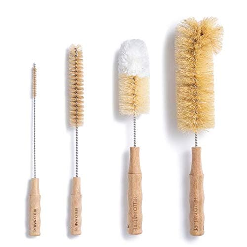 4 Pcs Bamboo Bottle Brush Set by HELLO NATURE – Long Handle Cleaning Brushes for Water Bottles, Baby Bottles & Glassware, Sustainable & Plastic-Free