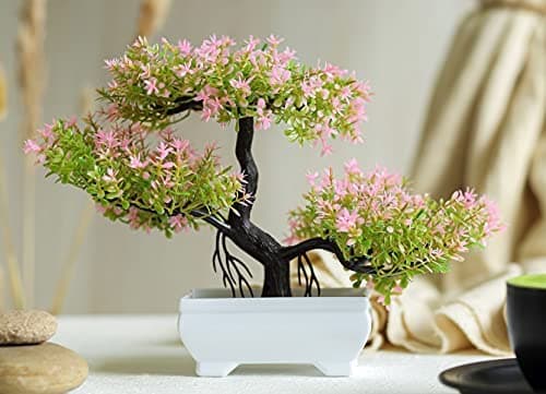 SATYAM KRAFT 1 Pc Artificial Bonsai Flower Tree with Designer Pot for Home Decor, Room Decorations, Living Room Table Decoration Plants and Craft Items Corner(Random Color)