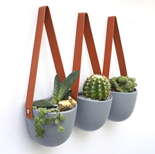 Kimisty Set 3 Hanging Succulent Wall Planters Pot | Grey Ceramic Planter with Faux Leather Strap | Decor as Cactus, Succulents, Plants, Flower Pots | Window Vase & Herb Container with Drainage