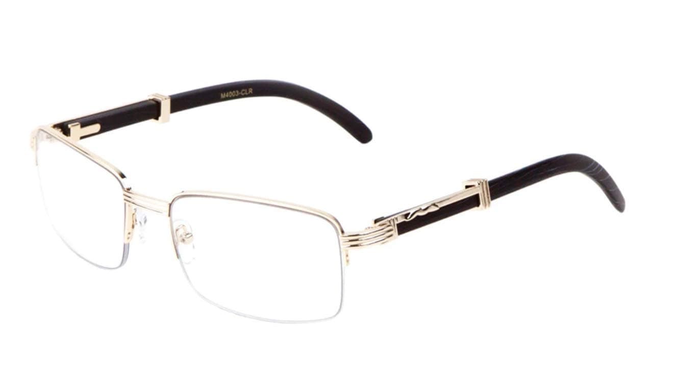 Executive Half Rim Rectangular Metal & Wood Eyeglasses/Clear Lens Sunglasses (Rose Gold & Black Wood w/Case, Clear)